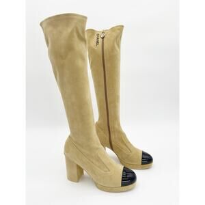 Chanel FW 2023 Beige Suede Cap Toe Knee High Block Heel Boots EU 40 CC Charm Zip
